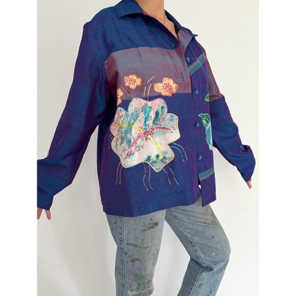 90s vintage blue shiny floral embroidered patchwork light silk button up jacket - Picture 7 of 10